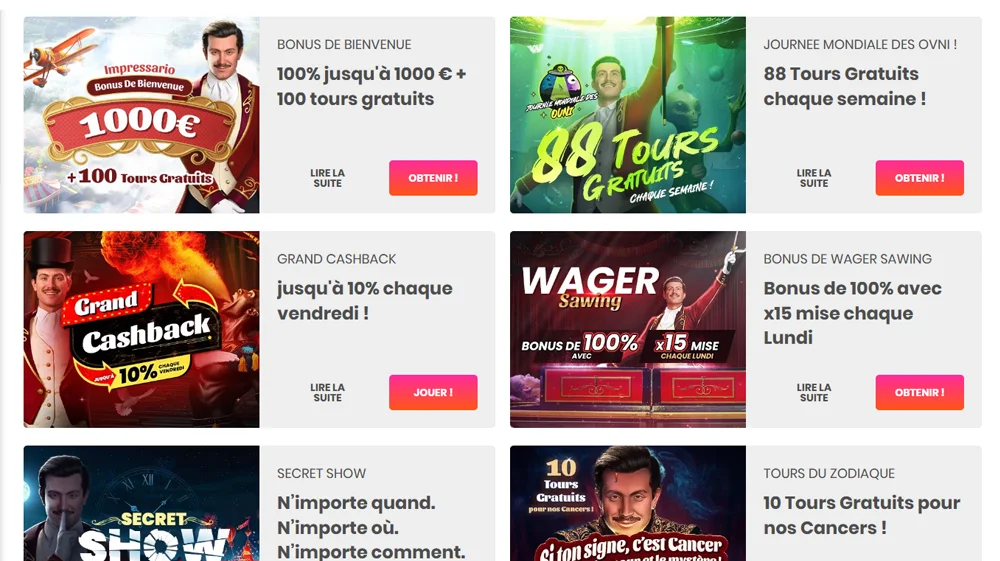 Bonus & promotion de l'Impressario Casino