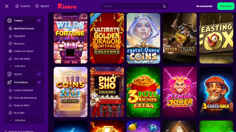 Machines à sous et jeux du casino Zinkra