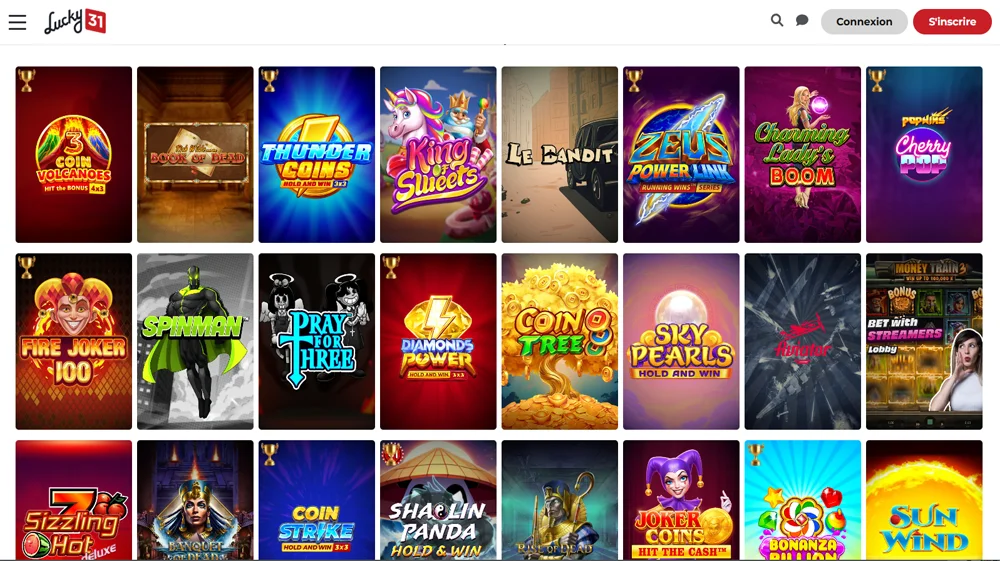Tous les jeux d'argent et machines à sous du casino en ligne Lucky 31
