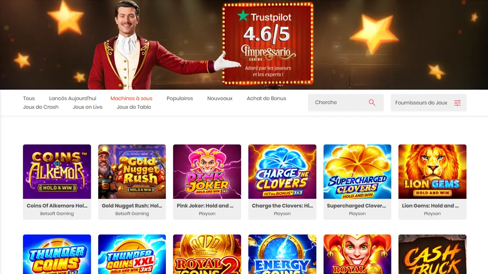 Catalogue de jeux d'argent et de machines à sous de l'Impressario Casino