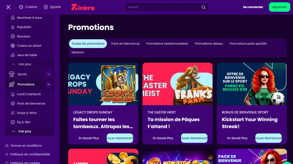 Promotion & Bonus du casino Zinkra