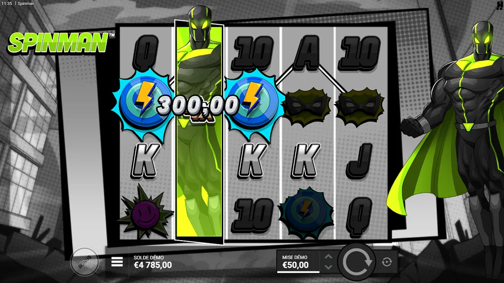 Machine à sous Spinman - Déroulement d'une partie de jeu avec gains