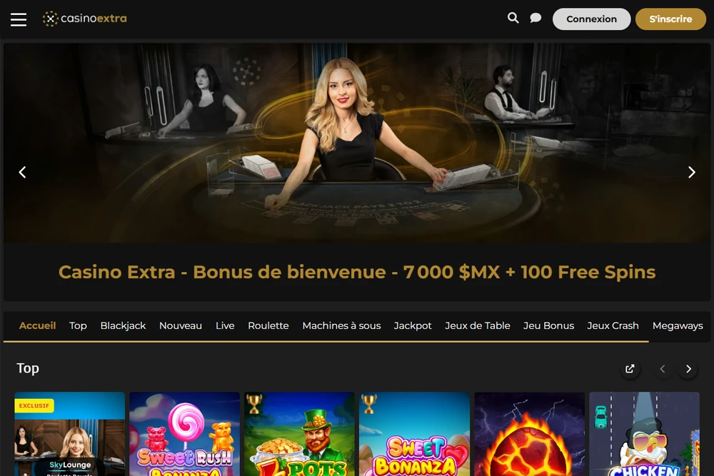 Accueil du Casino Extra : Bonus de BIenvenue de 350€ + 100 Tours Gratuits
