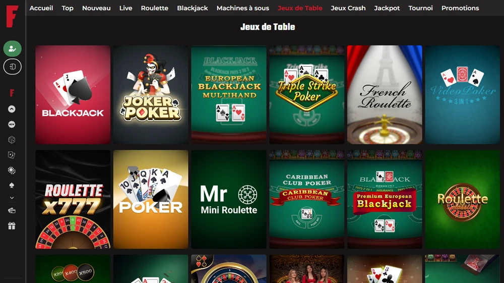 De nombreux jeux de table du Casino Fatboss