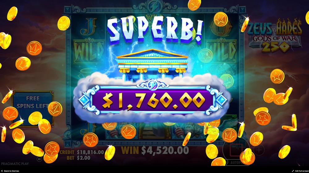 Gros gains Tours Gratuits Machine à sou Zeus Vs Hades 250