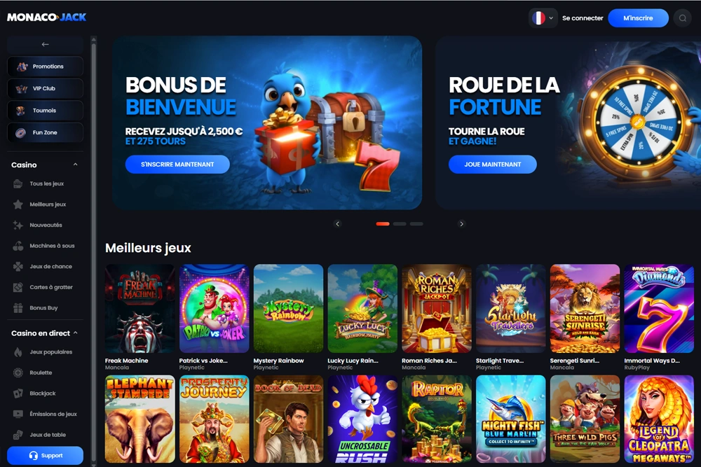 Accueil Casino en ligne Monacojack : Bonus d'inscription 2500€ + 275 tours gratuits !